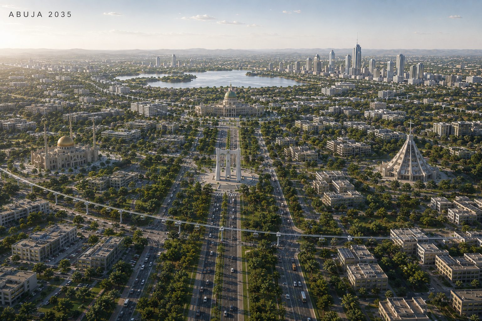 Aerial rendering of Abuja 2035 with the suspended rail network threading through the city